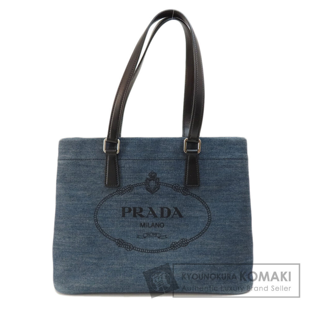 Prada Milano tote bag navy blue leather prominent embroidered
